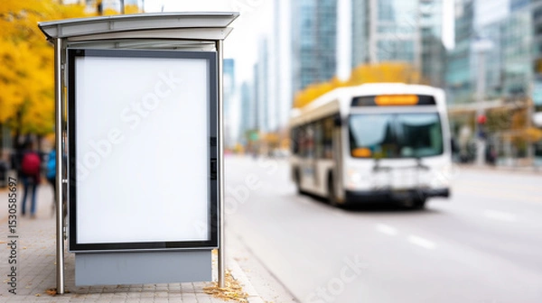 Fototapeta Blank billboard mock-up at bus stop in city street providing advertising space