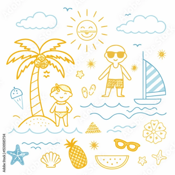 Fototapeta Cartoon vector illustration of a set of summer beach icons with a woman and child playing in the sand by the tropical sea under the sun