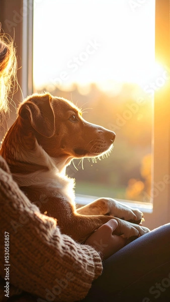 Fototapeta Dog Lying Peacefully in Owner's Lap While Sunlight Filters Through