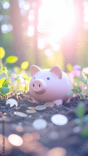 Fototapeta Artistic Close-Up of Piggy Bank in a Vibrant Garden Setting