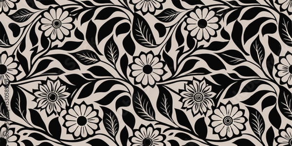 Fototapeta Monochrome floral pattern featuring stylized flowers and leaves in a repeating seamless design aesthetic
