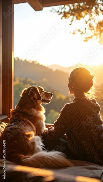 Fototapeta Relaxing Moment Between Owner and Pet in Serene Nature Setting