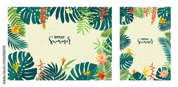 Fototapeta Vector set of Hello Summer tropical jungle flyer, poster, banner templates. Calligraphic summer design. Monstera, hibiscus, bird of paradise flowers, tropical leaves. Summer leaf frame backgrounds