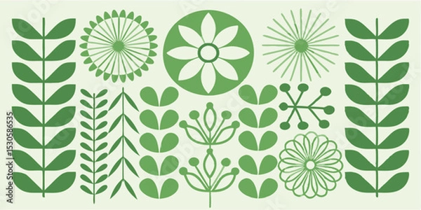 Fototapeta A green and white botanical pattern with floral and leaf motifs in a symmetrical arrangement and design style