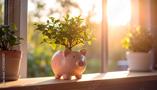 Fototapeta Stylish Piggy Bank Planter on Shelf with Sunrise Backdrop