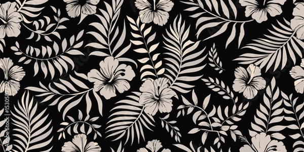 Fototapeta Elegant floral pattern featuring hibiscus flowers and tropical leaves on a dark background design element
