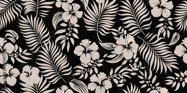 Fototapeta Elegant black and white floral pattern featuring hibiscus and palm leaves in a dense arrangement