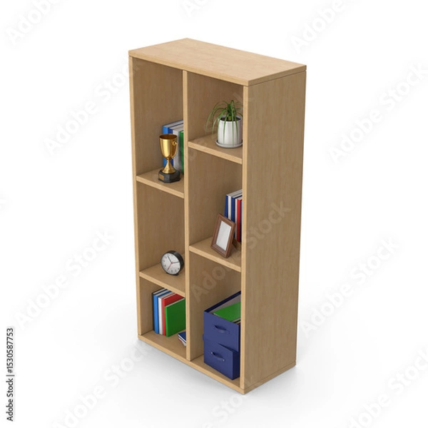 Fototapeta Wooden Bookshelf with Books, Trophies, and Decor Items Isolated on Transparent Background