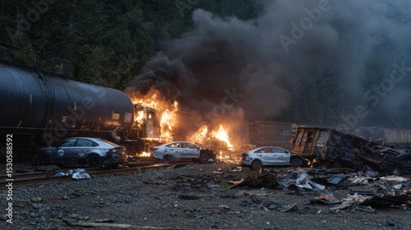 Fototapeta A chaotic encounter occurs with a train derailment causing explosions, flames, and billowing smoke into the surrounding forest area