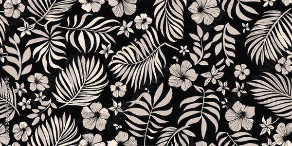 Fototapeta Monochrome floral pattern featuring hibiscus flowers and palm leaves on a dark background design element