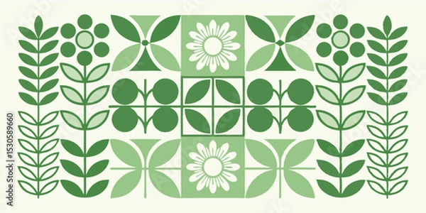 Fototapeta Green floral pattern with circles, leaves and flowers in a symmetrical arrangement and light background
