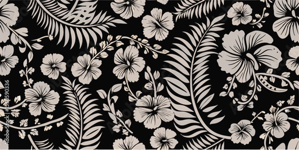 Fototapeta Monochrome floral pattern featuring hibiscus flowers and palm fronds on a black background creating a dense design