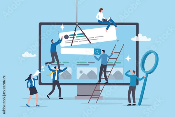 Obraz Teamwork develop website, building software or application project, team planning or website optimization, digital collaboration concept, business people team help build website on computer monitor.