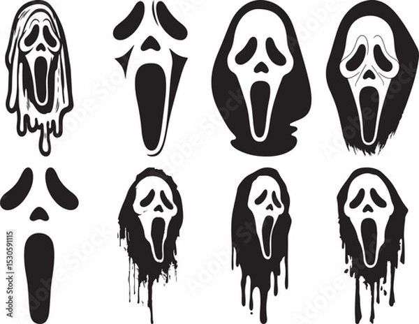 Fototapeta Ghostface Silhouette Set Featuring Eight Stylized Variations of Iconic Horror Mask in Black Vector Design