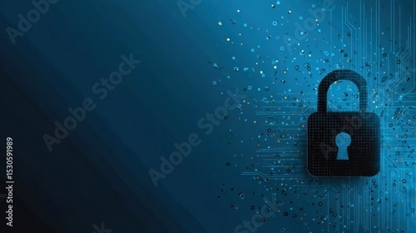 Fototapeta Abstract digital padlock graphic on a dark blue background with circuit lines and data particles