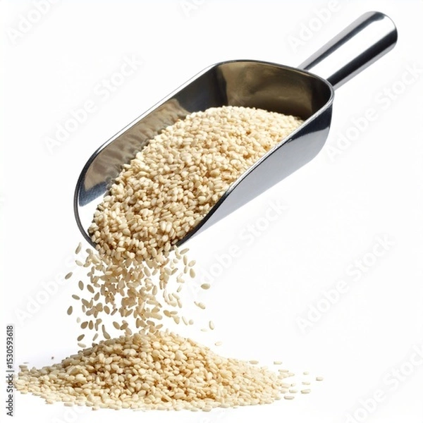 Fototapeta White Sesame Seeds Pouring from Metal Scoop Isolated on White Background.