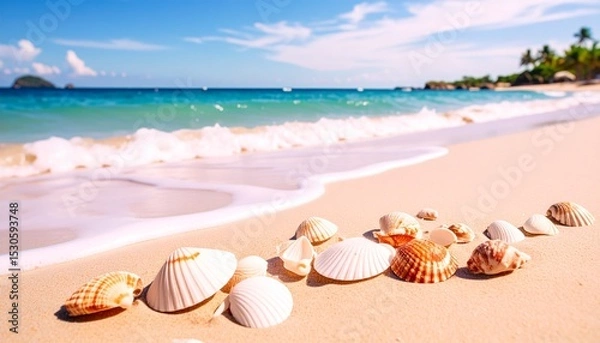 Fototapeta 貝殻とヒトデが彩る夏の浜辺 / きらめくビーチの宝物 / 南国の砂浜と海の贈り物
