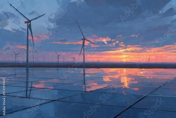 Fototapeta Colorful Pixel Art Sunset Landscape With Wind Turbines
