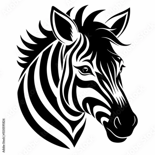 Fototapeta Zebra Head Silhouette Illustration on White Background for Graphic Design Animal Theme Wildlife Concept and Creative Projects in Black and