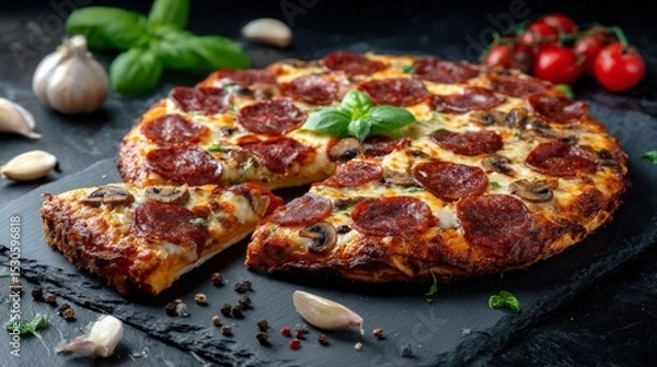 Fototapeta Pepperoni Pizza With Mushroom Toppings On Dark Slate Plate