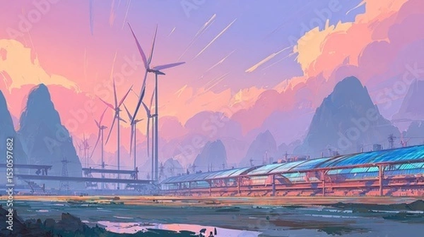 Fototapeta Colorful Digital Painting Of Wind Turbines On A Pastel Sunset Landscape