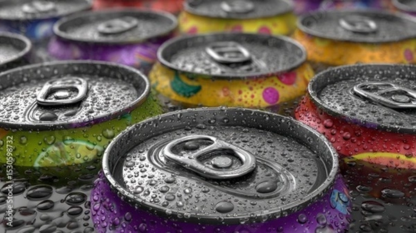Fototapeta Closeup View Of Colorful Soda Cans With Water Droplets