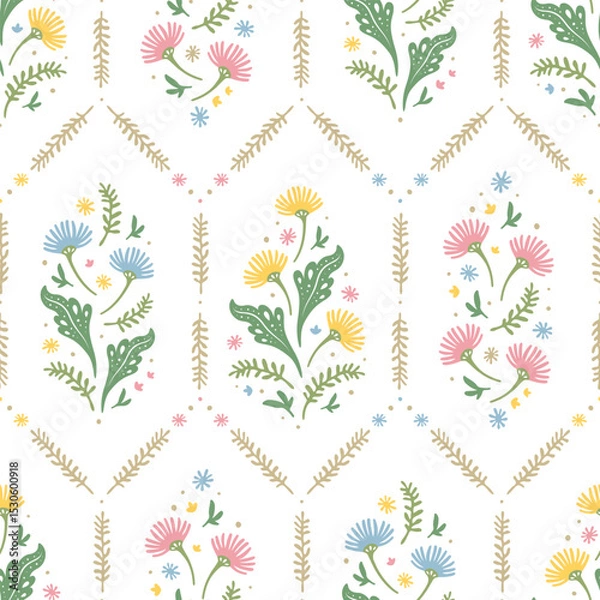 Fototapeta Vintage floral sweet and charming cottagecore seamless pattern repeatable for print background fabric textile cards backdrop in folk art decorative illustration style