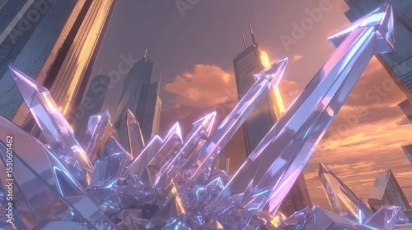 Fototapeta Abstract Futuristic Cityscape With Glowing Crystals And Arrows