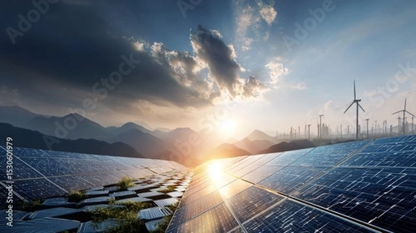 Fototapeta Panoramic View Of Solar Panels At Sunset With Wind Turbines And Cityscape