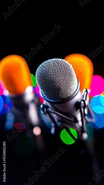 Fototapeta Studio microphone, colorful bokeh, podcasting, recording