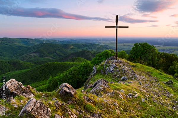 Fototapeta View from Vysoka, the third highest peak of the Little Carpathians, during a spring sunset