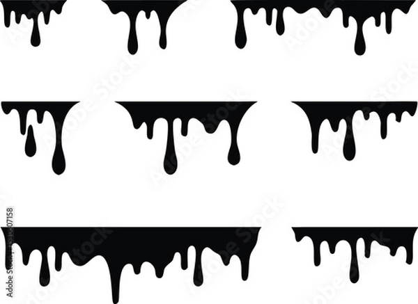 Fototapeta Black melt drips or liquid paint drops. Dripping liquid. Paint flows. Current paint, stains. Current drops. Current inks. Vector illustration. isolated on white background