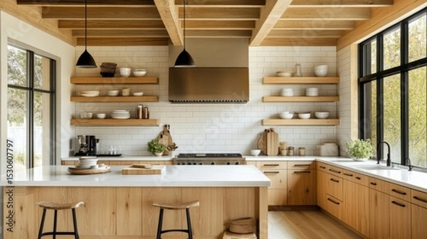 Obraz A modern kitchen features light wood cabinetry, a metal countertop, white tiled backsplash, open shelving, and wooden ceiling beams under soft lighting.