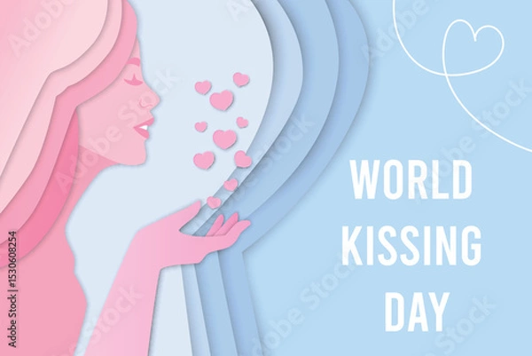 Obraz A stylized illustration of a woman with long pink hair blowing hearts. The background features soft pastel colors. Text reads 'World Kissing Day'.