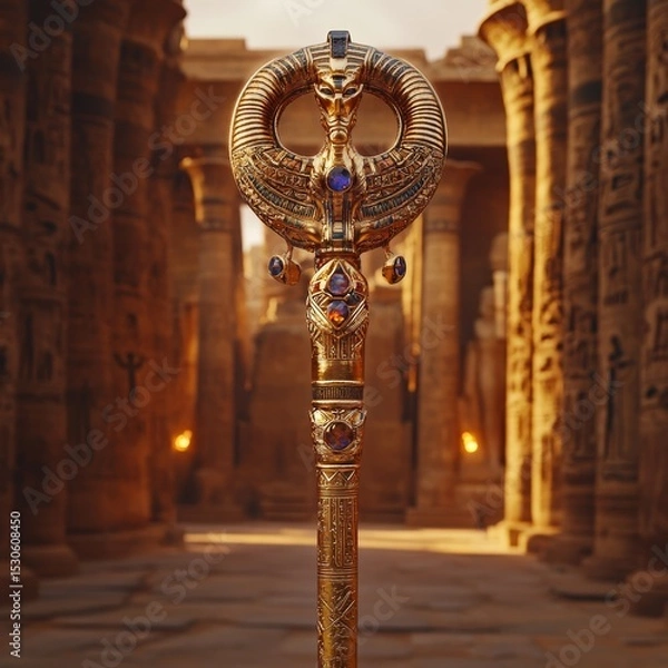 Obraz Ornate Golden Scepter with Egyptian Motifs in a Temple Setting