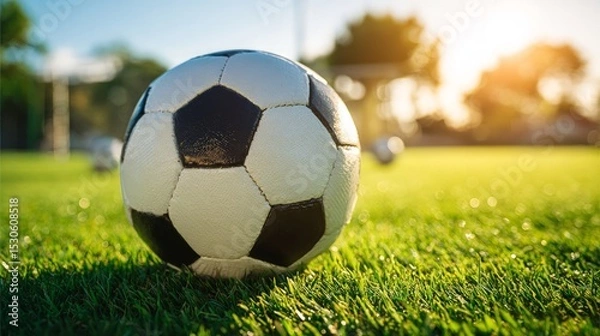 Fototapeta Soccer Ball On Grass Field In Sunlight