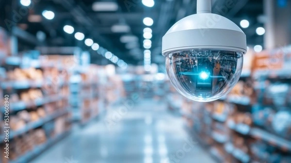 Obraz CCTV camera with motion detection light in a modern retail store environment