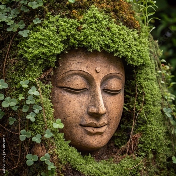 Obraz Serene Buddha Face Carving Enveloped in Lush Green Moss and Clover Plants