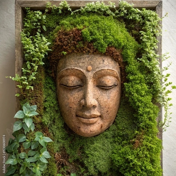 Obraz Buddha Face Sculpture Surrounded by Green Moss and Plants in Wooden Frame