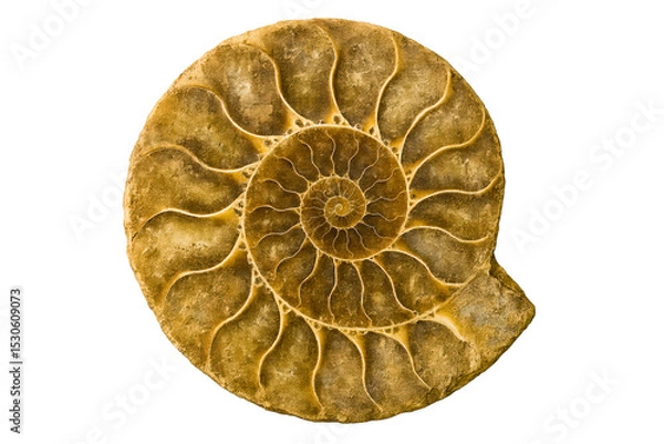 Obraz Fossilized ammonite shell showcasing intricate natural patterns on a transparent background