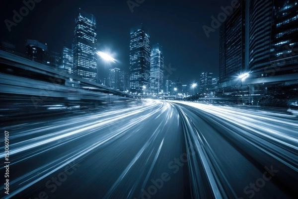 Fototapeta Night cityscape with motion blur on highway. Tall buildings line a busy road at night, with light trails from moving vehicles