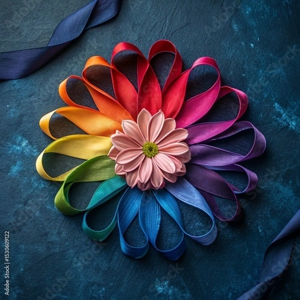 Obraz Colorful Ribbon Flower with Pink Daisy Center on Dark Textured Background