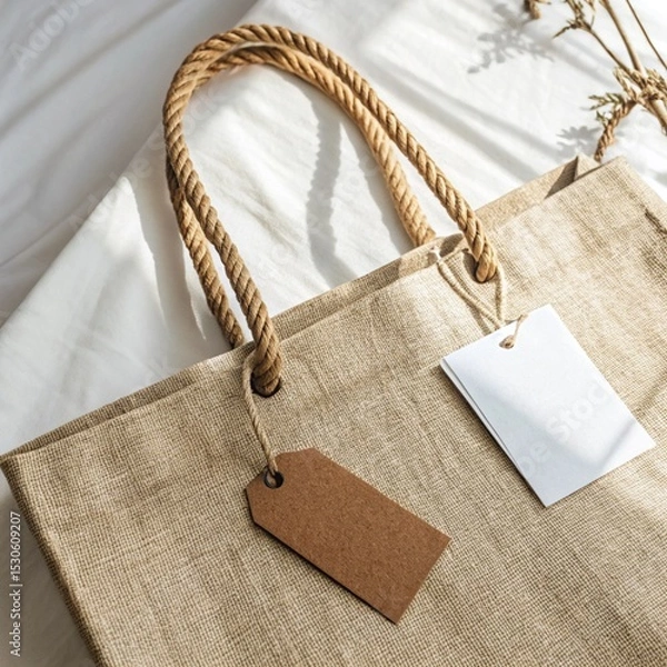 Fototapeta Beige Canvas Tote Bag with Rope Handles and Two Blank Tags