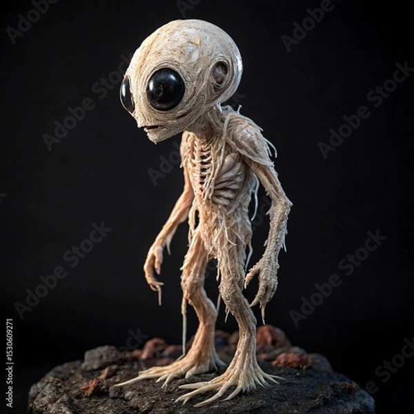 Obraz Eerie Alien Creature with Large Eyes Standing on a Rocky Surface Against Black