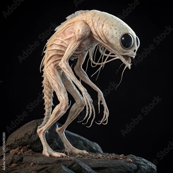 Obraz Pale Alien Creature with Large Eyes Standing on a Rocky Surface in Darkness