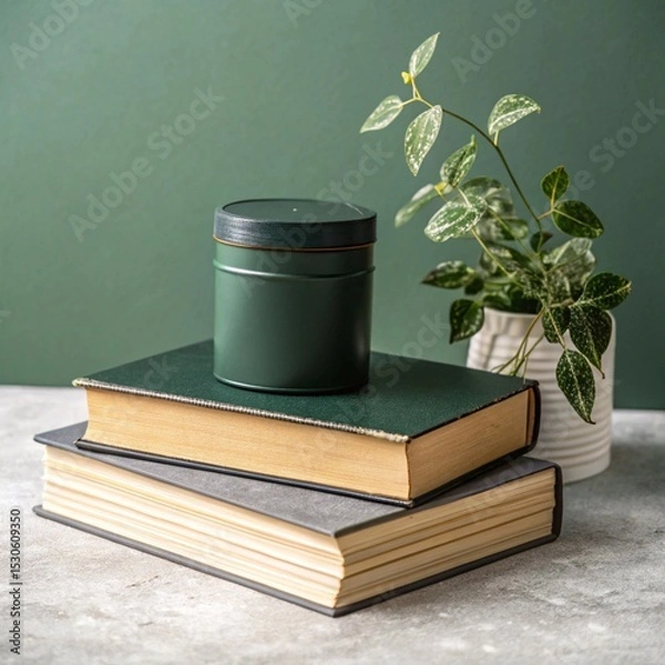 Obraz Still life composition with books green container and small potted plant