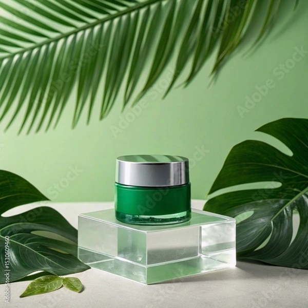 Obraz Green Cosmetic Jar on Acrylic Stand with Tropical Leaves Background for Mockup
