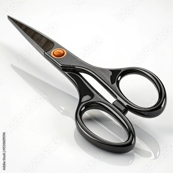 Obraz Sleek Black Scissors with Orange Pivot on White Background with Shadow