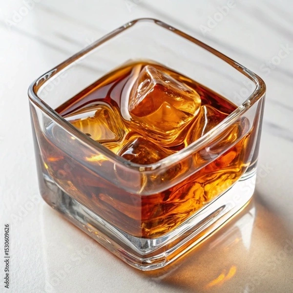 Obraz Whiskey on the Rocks in a Square Glass on a Marble Surface