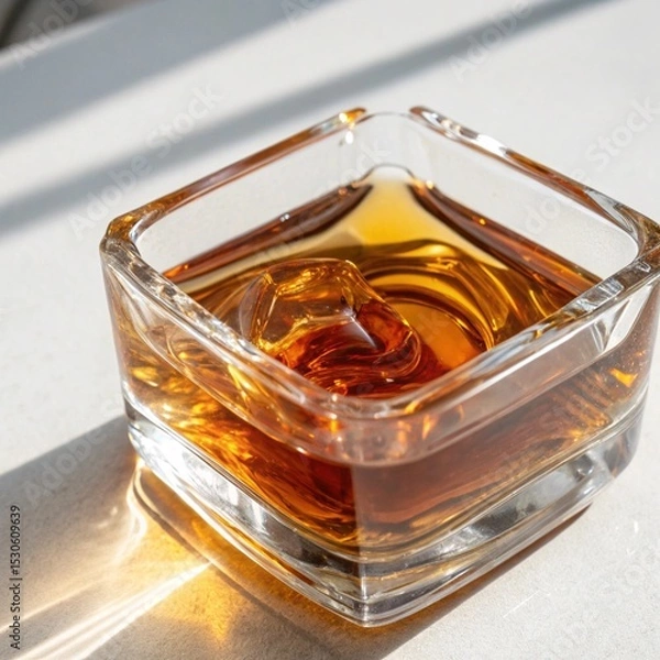 Obraz Amber Liquid in Square Glass with Ice and Sunlight Reflections
